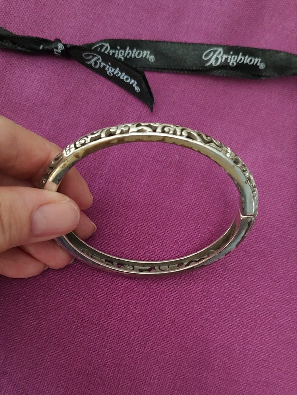 Brighton Silver Filigree Hinged Bangle Bracelet - Pink Background - Picture 2 of 6
